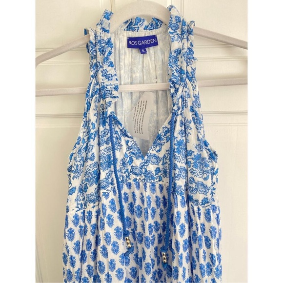 Anthropologie Ro’s Garden Sofia Maxi Dress Blue Floral Block Print Ruffle V Neck - Picture 4 of 5